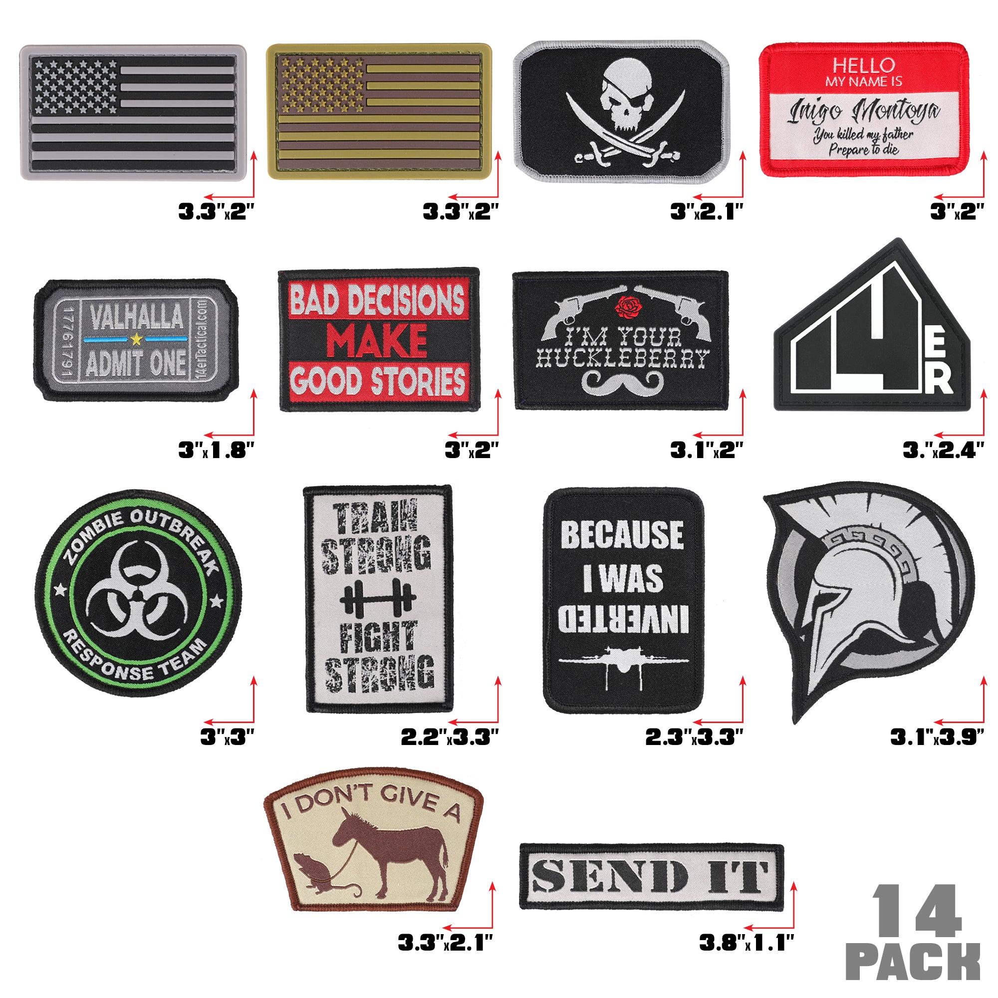 14er Tactical Morale Patches (14-Pack), Hook & Loop Backed, 3â€ x 2â€ PVC  Flags & Funny Patches