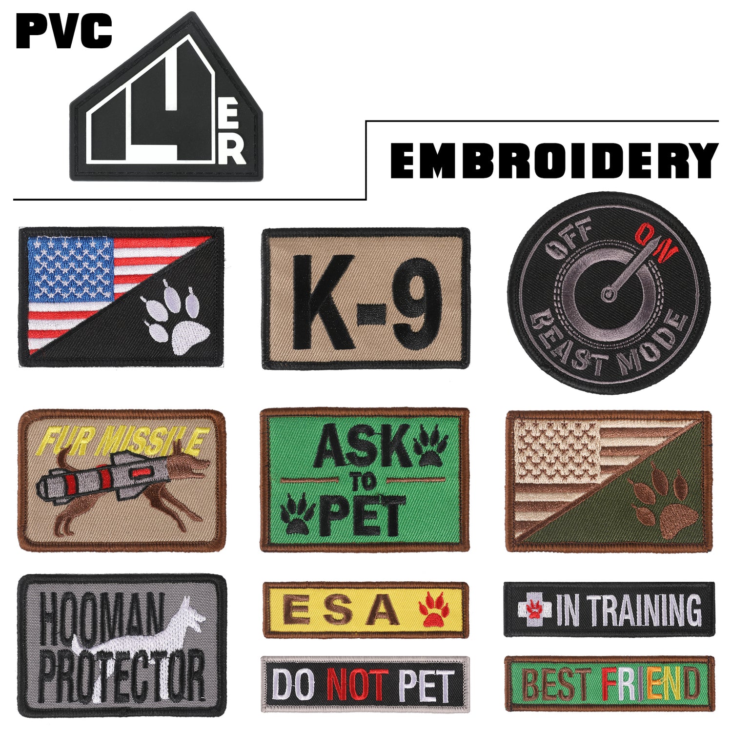 Service Dogs Embroidery Hook Loop Patches K9 Dog Paw Emblem