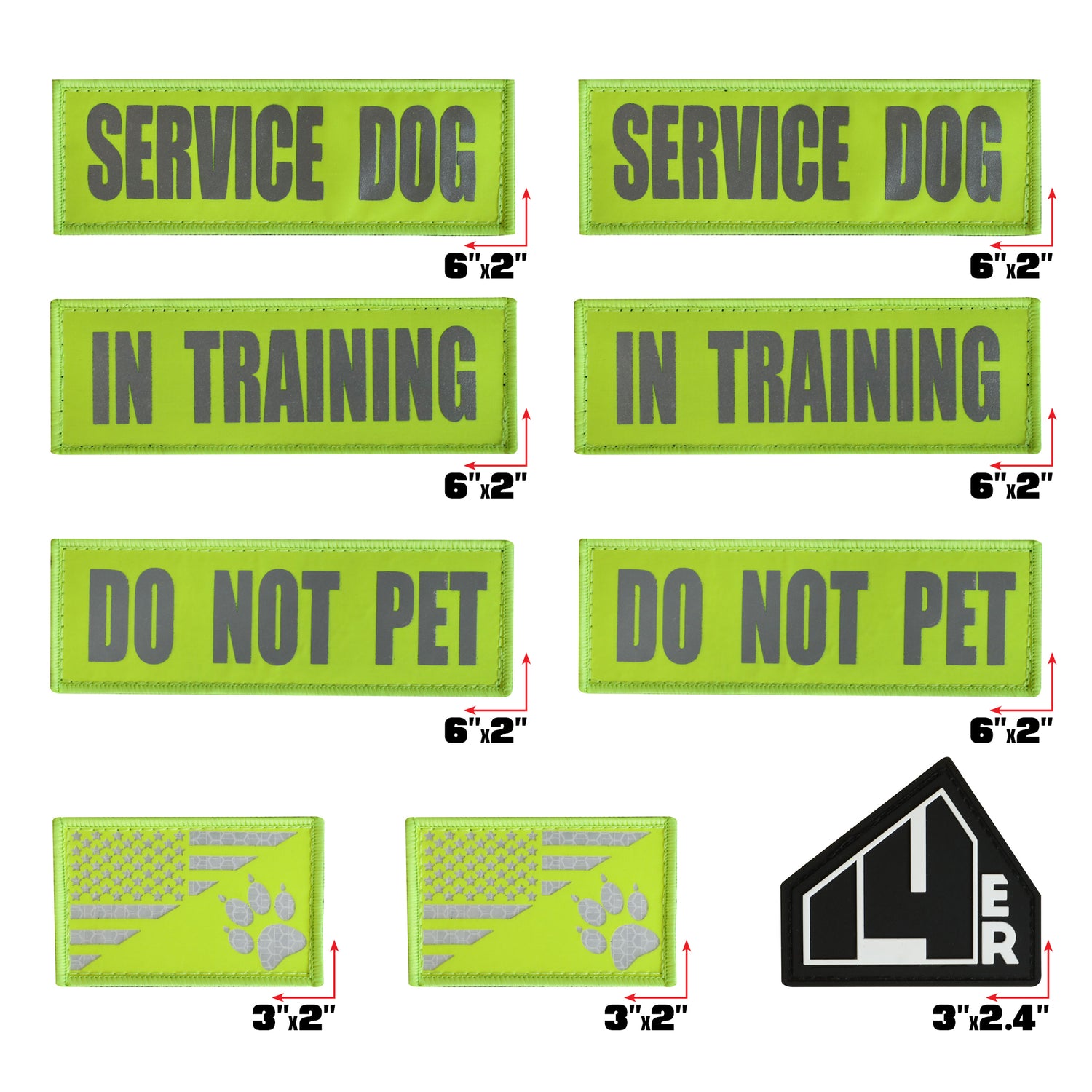 14er Tactical Reflective Service Dog Patches 9-Pack Hook & Loop, 6inch x 2Inch Embroidery & High Visibility Perfect for Harness, Vest, Collar, L