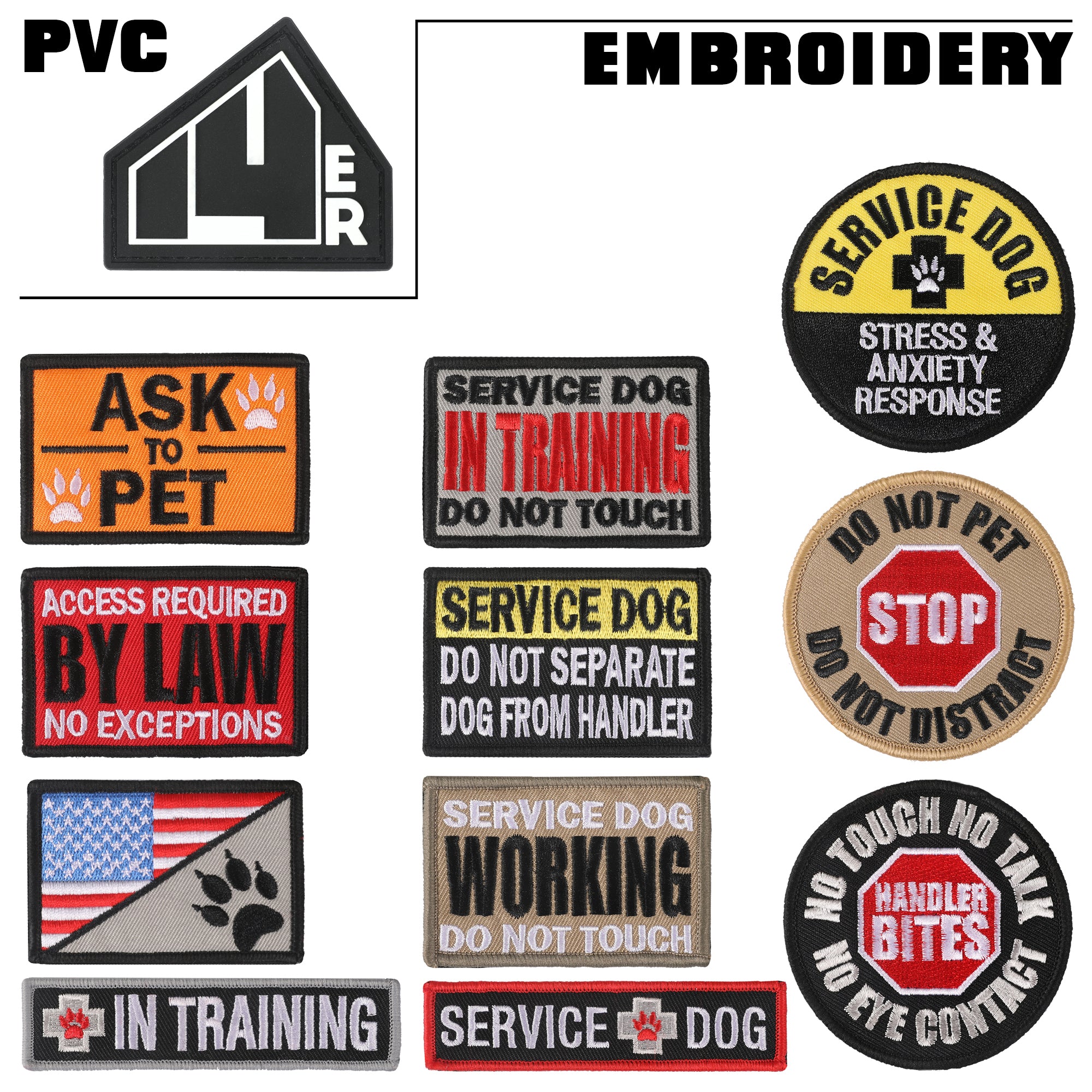 14er Tactical K9 Dog Patches (12-Pack) Hook & Loop, 3inch x 2Inch Embroidery & High Visibility Perfect for Harness, Vest, Collar, Leash, in Training